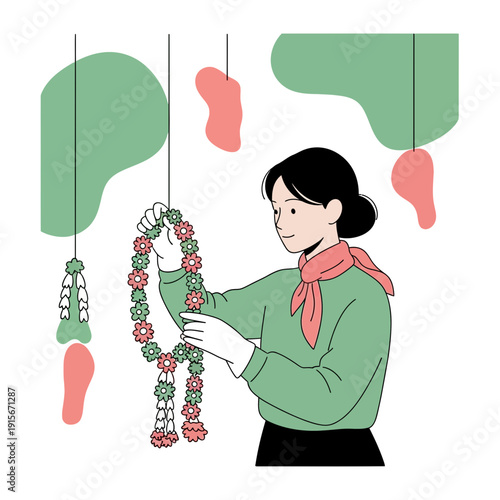 Artistic Representation Of A Woman Crafting A Delicate Floral Garland