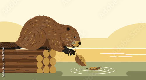 Charming Beaver Interacting With Autumn Leaves By Water
