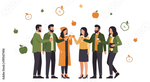 Celebratory Friends Enjoying Autumnal Drinks With Apple Illustrations