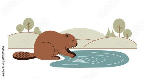 Charming Beaver Interacting With Rippling Water Surface In Stylized Landscape