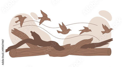 Birds Take Flight Over Driftwood In Natural Aesthetic Art