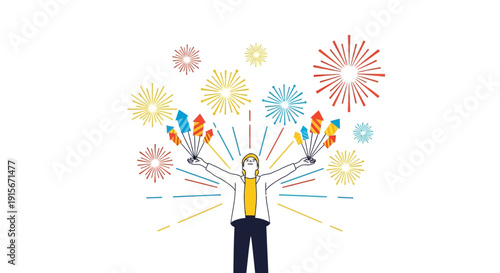 Celebratory Person Holding Fireworks with Colorful Explosions in the Sky
