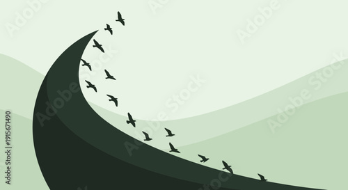 Ascending Flock Of Birds Over Serene Rolling Hills
