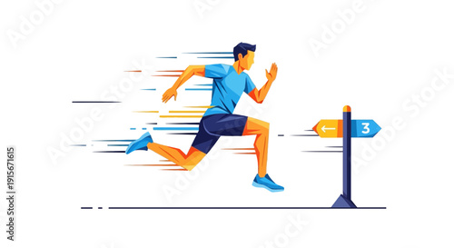 Athlete Accelerating Towards Number Three Directional Sign Illustrating Progress and Goals