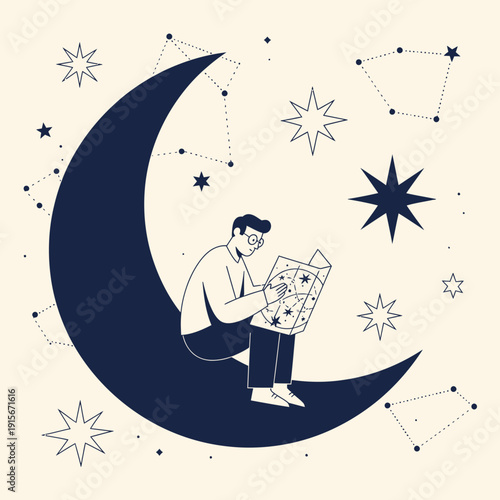 Celestial Navigator Studies Constellations While Sitting on Crescent Moon