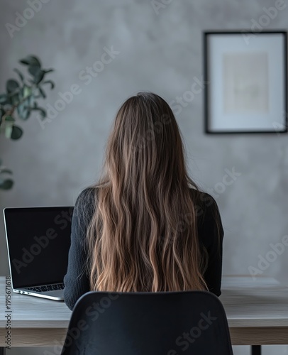 A woman with long hair sits at a desk, focused on her laptop in a minimalist setting.