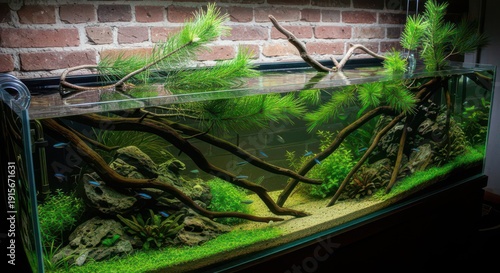 Large planted freshwater aquarium with tropical fish and aquatic plants under pine branches placed against rustic red brick wall in modern loft interior. Concept of biophilic design and urban nature h