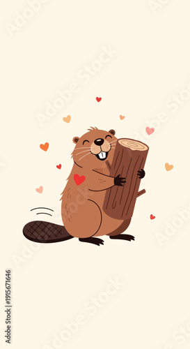 Charming Cartoon Beaver Adorably Hugging a Log Surrounded By Hearts