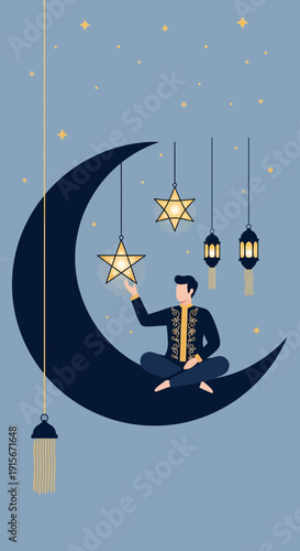 Celestial Serenity Islamic Celebration Man Reaching For Starry Night Sky Islamic Festival