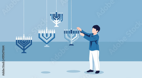 Boy Decorating Menorahs For Hanukkah Celebration With Festive Ambiance