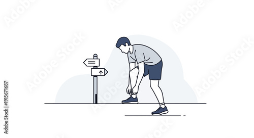 Athlete Tying Shoelaces At Crossroads Signpost Ready For Decision