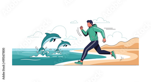Athletic Man Running By Dolphins Jumping From Ocean Waves On Beach