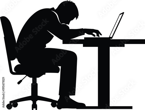Person slumped over a laptop at a desk in a state of exhaustion or distress isolated on transparent background, Vector