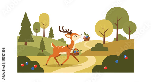 Charming Deer Foraging Berries In A Stylized Forest Landscape