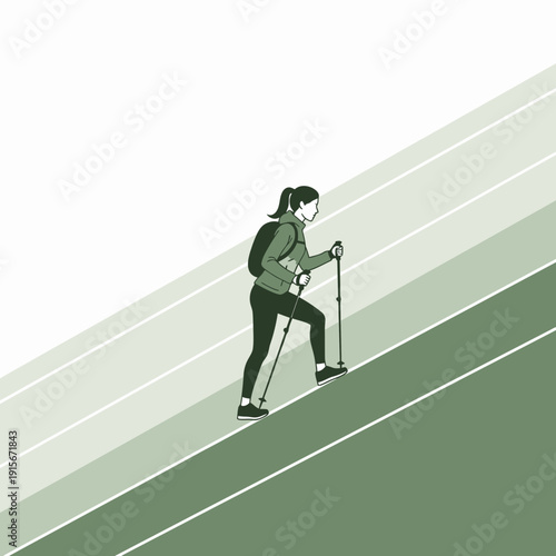 Athletic Woman Ascends Steep Gradient With Trekking Poles Illustrating Peak Performance
