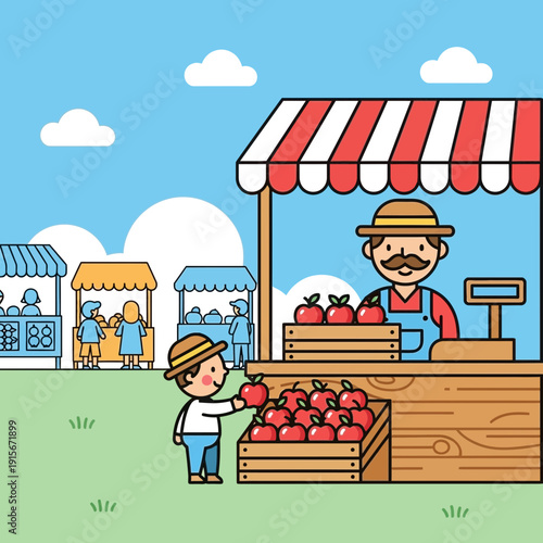 Charming Farmer's Market Scene With Happy Shopper Buying Fresh Apples