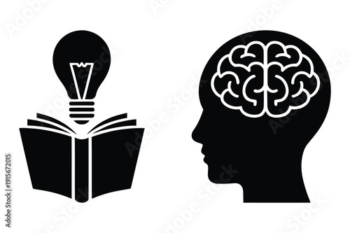 Knowledge and Ideas: Open Book, Lightbulb, Brain Icon