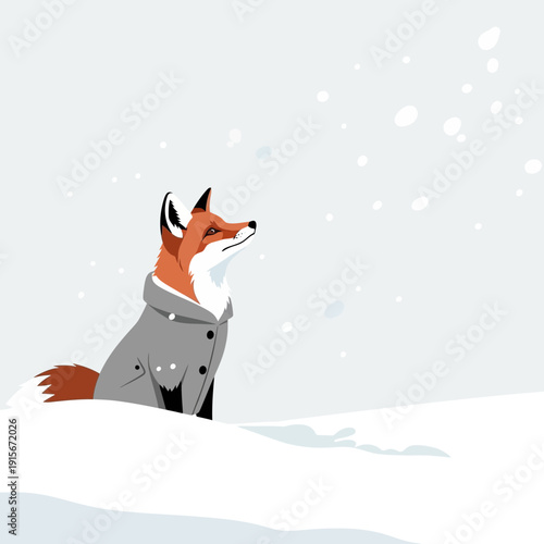 Charming Fox Dressed in Coat Gazing Upwards at Falling Snowflakes