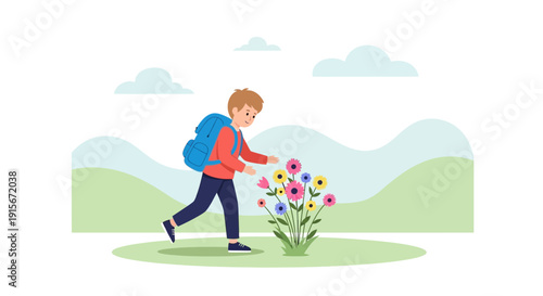 Boy With Backpack Admiring Vibrant Spring Flowers In A Meadow