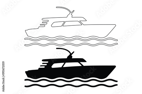 Luxury Yacht Silhouette: Outline and Solid Black Designs