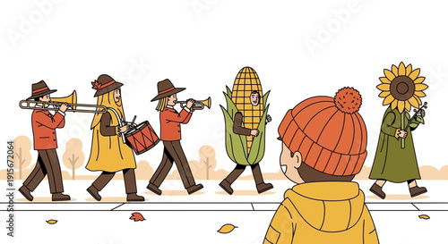 Autumn Festival Parade With Characters In Unique Costumes And Enamored Observer