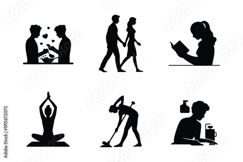 Daily Life Silhouettes: Couples, Yoga, Cleaning, Reading