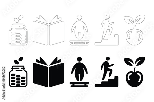Growth and Success Icons: Jar, Book, Steps, Apple