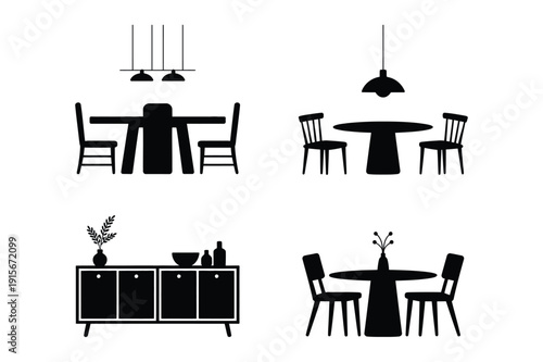 Dining Room Icons: Tables, Chairs, and Cabinet Silhouettes