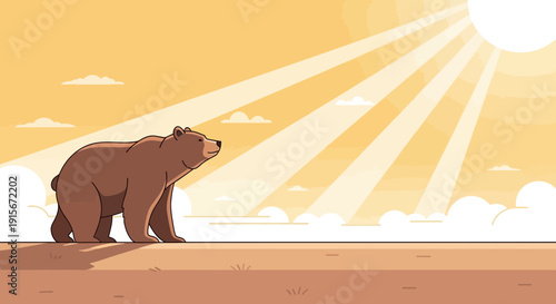 Brown Bear Walks Under Bright Sunlight Rays In A Cartoon Style