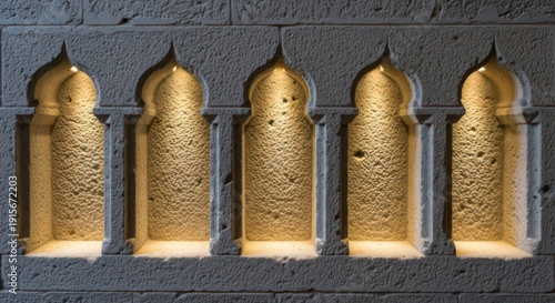 Illuminated stone arches carved in textured beige sandstone wall with warm built in lights highlighting traditional oriental architecture details on symmetrical facade. Concept of historic architectur