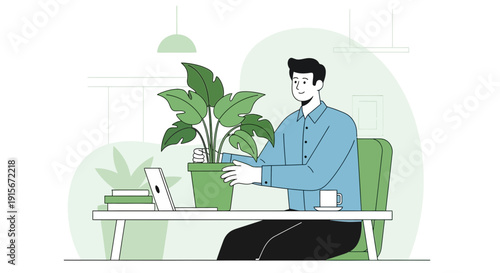 Business Employee Tending a Houseplant in a Modern Office Environment