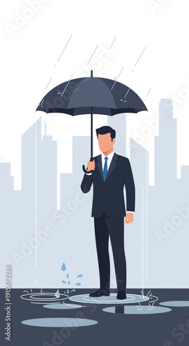 Business Professional Shields Himself from Downpour with Umbrella in Urban Environment