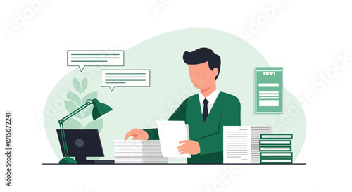 Business Professional Managing Piles of Work Documents With Digital Communication
