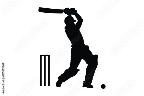 Cricket Player Silhouette with Wicket and Ball