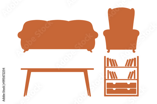 Sofa, Armchair, Table, Bookshelf - Orange Furniture Silhouettes