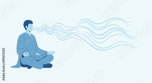 Calm Figure Meditating In Lotus Pose With Breath Waves Emanating