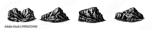 Rock formations flat vector icons set. natural landscape symbols and cliff illustrations