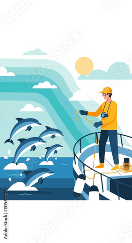 Capturing Oceanic Wonders Dolphin Pod Surfing Waves Near A Leisure Boat