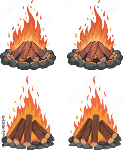 Campfire bonfire illustration with burning logs fire pit summer camping outdoor cozy hearth warm ember flames vector set for designers