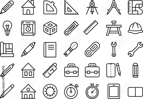 Architectural drafting and design icon set, line art tools, measurement instruments, building plans, sketching devices, office accessories, construction symbols, vector
