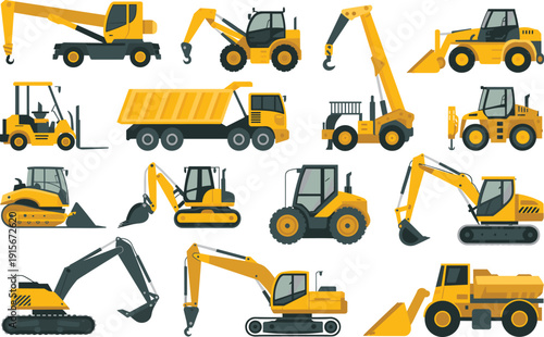 Construction heavy equipment icon set, excavator bulldozer crane loader dump truck forklift vehicles, industrial machinery collection, building transport vector illustration
