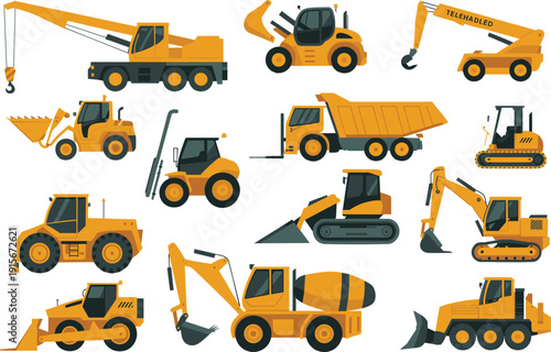 Construction heavy machinery vehicle set, flat vector illustrations, dump truck, excavator, crane, loader, bulldozer, concrete mixer, telehandler, compact track loader