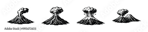 Volcanic eruption flat vector icons set. volcano and smoke illustrations. natural disaster symbols.