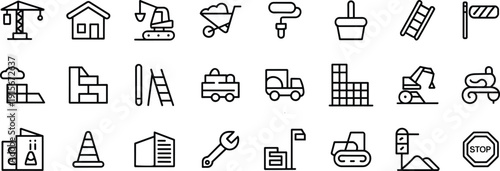 Construction line icons set, building equipment machinery tools and infrastructure symbols for engineering, architecture, repair, maintenance, industrial vector collection