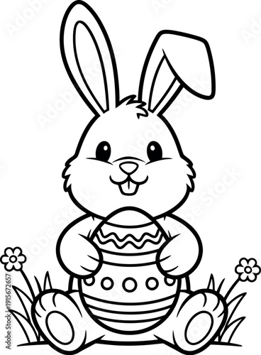 Cute cartoon black and white outline drawing of an adorable bunny rabbit sitting down while happily holding a large decorated easter egg perfect for coloring pages.
