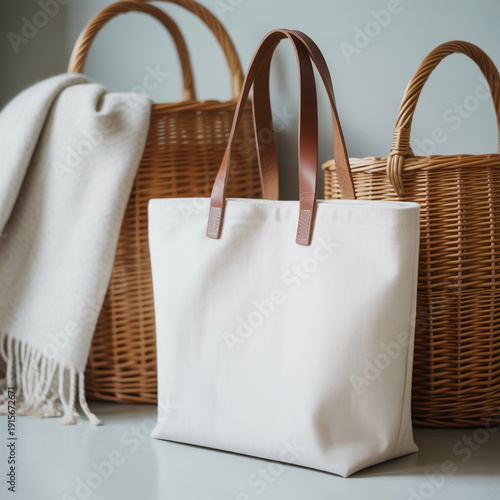A beige tote bag with brown handles sits next to a wicker basket and a white throw blanket.