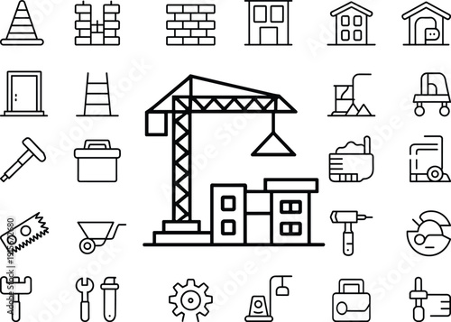 Construction site crane and building icon set, line art vector, tools, vehicles, safety symbols, industrial equipment and renovation graphics collection