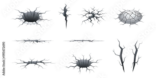 Collection of realistic illustrations depicting ground cracks, fissures, holes, and shattered surfaces