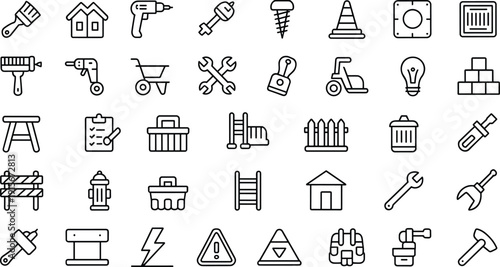 Construction tools and building equipment line icons set, repair maintenance engineering workshop safety vector illustration collection for industry use