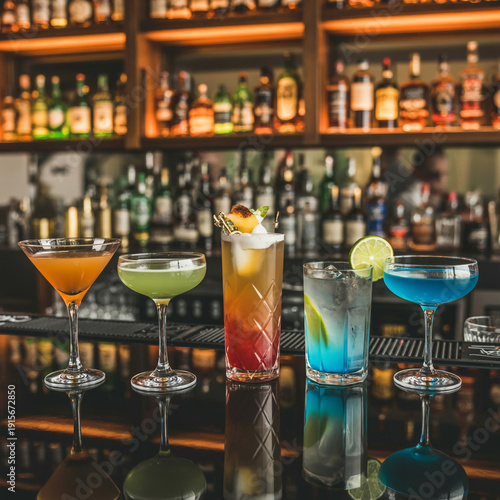 Assorted cocktails displayed on a bar counter with shelves of liquor bottles in the background